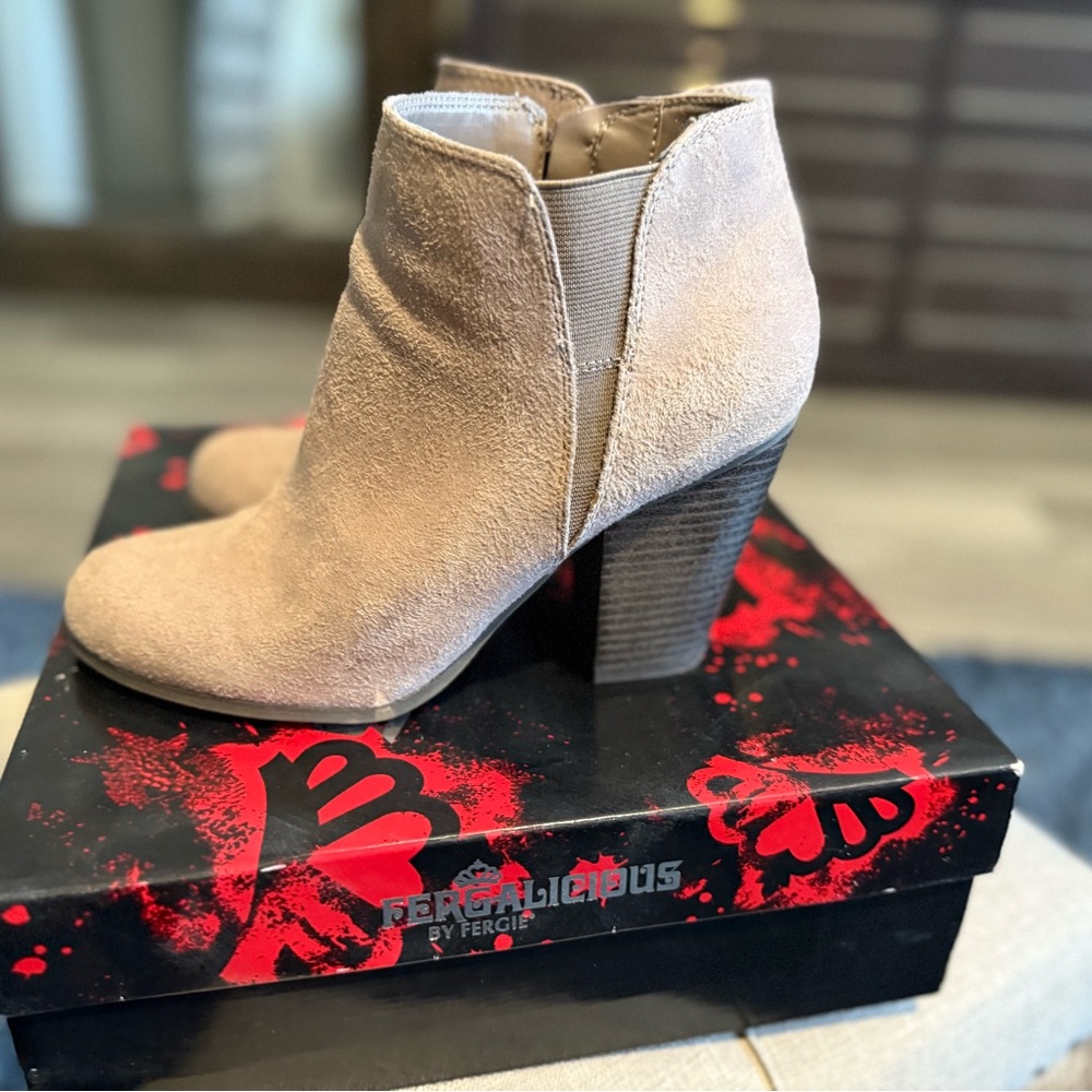 Fergalicious Tan Suede Ankle Booties with Chunky Heel